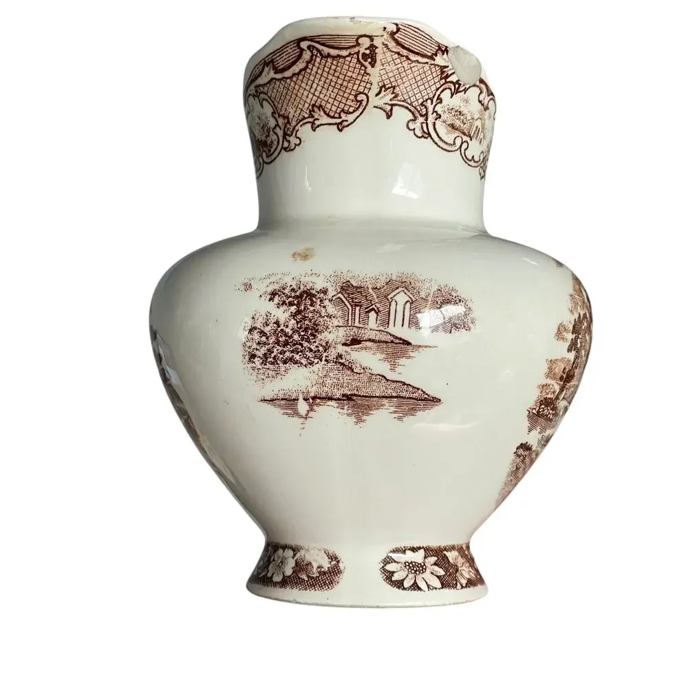 Brown Transferware Ironstone Pitcher & Plate Pastoral Vintage Small FLAWED